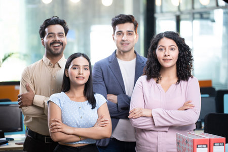 Portrait of happy business team standing with arms crossed at office desk