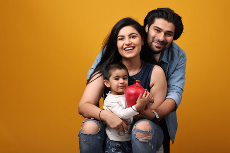happy family with baby and piggy bank on yellow backgroundの写真素材