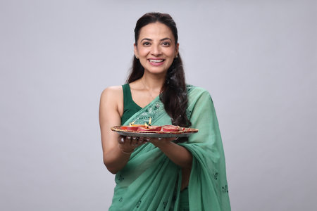 Beautiful Indian woman holding a plate full of food and smiling at the cameraの写真素材