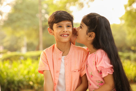 Little boy whispering to his sister in the park. Education concept.