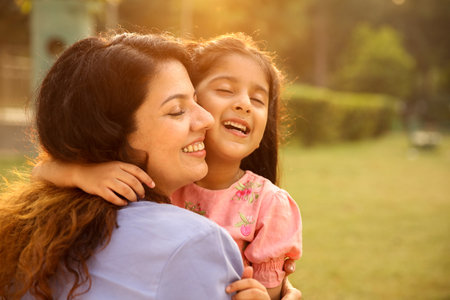 Mother and daughter hugging in the park at sunset time. Happy family concept.の写真素材