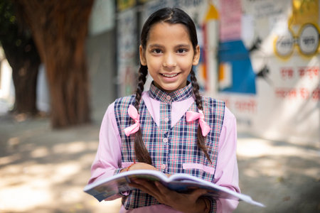 Portrait of smiling schoolgirl holding book in school yard at schoolの写真素材