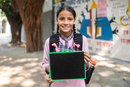 Portrait of smiling schoolgirl holding chalkboard in school yard on campus