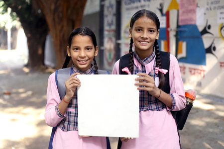 Two girls holding a blank sheet of paper in their hands. They are smiling.の写真素材