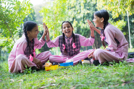 Group of asian women having fun in the garden. Cheerful young female friends sitting on the grass...