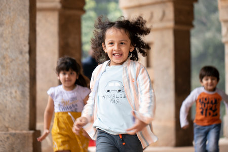 Unidentified children at Durbar square circa January 2017 in Kathmandu.の写真素材