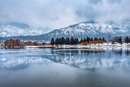 A view of botanical garden with lake in winter season, and the beautiful mountain range in the background in the city of Srinagar, Kashmir, Indiaの写真素材