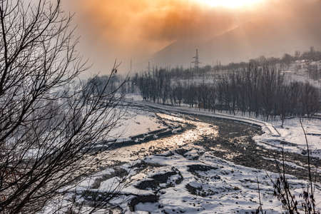 Snow-filled farm villages and rivers on the way from Srinagar to Sonmarg and Gulmarg