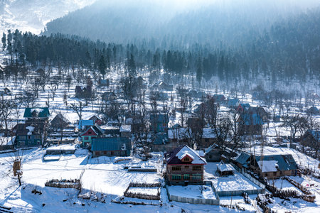 Snow-filled farm villages and rivers on the way from Srinagar to Sonmarg and Gulmargの写真素材