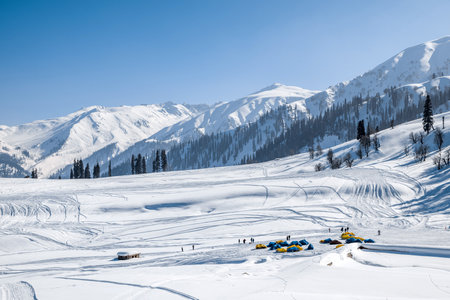Winter season, Gulmarg is a town, a hill station, a popular tourist & skiing destination, Kashmir, Indiaの写真素材