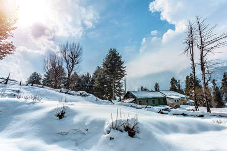 Beautiful view of Pahalgam during winter season surrounded by snow frozen Himalayas glacier mountains and green fir and pine tree line forest landscapeの写真素材