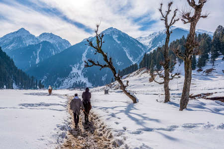 Tourists Enjoying Horse Riding at Aru Valley in winter scene, near Pahalgam, Kashmir, India.の写真素材