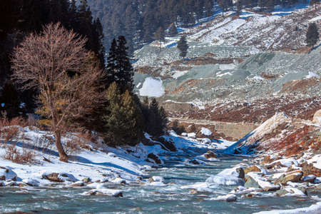 Beautiful view of sonmarg in winter, Snow covered Himalayan Mountains with pine trees and river,...