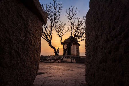 Hampi, Karnataka, India - January 14, 2020 : Beautiful ancient architecture of temples on Hemakuta Hill in Hampi from 14th Century Vijayanagara Kingdom. Hampiのeditorial素材