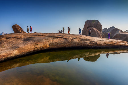 Hampi, Karnataka, India - January 14, 2020 : Beautiful ancient architecture of temples on Hemakuta Hill in Hampi from 14th Century Vijayanagara Kingdom. Hampiのeditorial素材