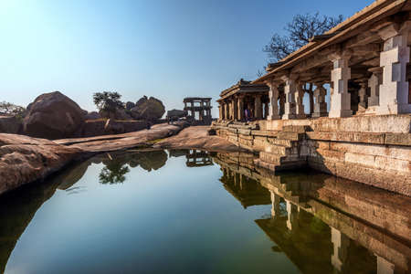 Hampi, Karnataka, India - January 14, 2020 : Beautiful ancient architecture of temples on Hemakuta Hill in Hampi from 14th Century Vijayanagara Kingdom. Hampiのeditorial素材