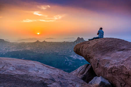 Hampi, Karnataka, India - January 15, 2020 : View of Matanga Hill during the sunrise in the morningのeditorial素材