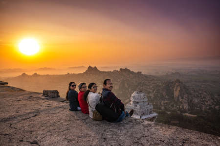Hampi, Karnataka, India - January 15, 2020 : View of Matanga Hill during the sunrise in the morningのeditorial素材