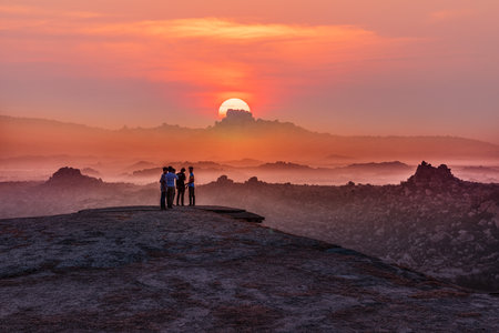 Hampi, Karnataka, India - January 15, 2020 : View of Matanga Hill during the sunrise in the morningのeditorial素材