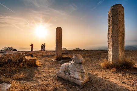 Hampi, Karnataka, India - January 15, 2020 : View of Matanga Hill during the sunrise in the morningのeditorial素材