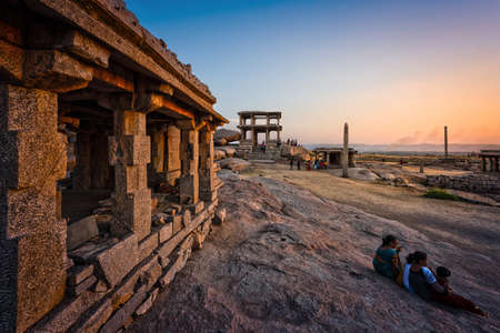 Hampi, Karnataka, India - January 14, 2020 : Beautiful ancient architecture of temples on Hemakuta Hill in Hampi from 14th Century Vijayanagara Kingdom. Hampiのeditorial素材