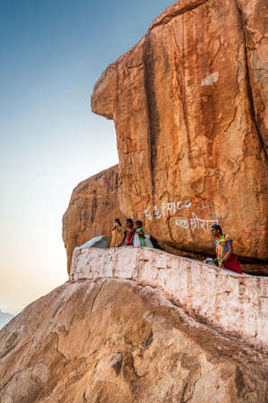 Hampi, Karnataka, India - January 15, 2020 : Pathway of Kishkinda, Anjanadri Hill, (Monkey Temple) Anjaneya Parvat, the birthplace of Hanuman God, Hampi, Karnataka, India.のeditorial素材