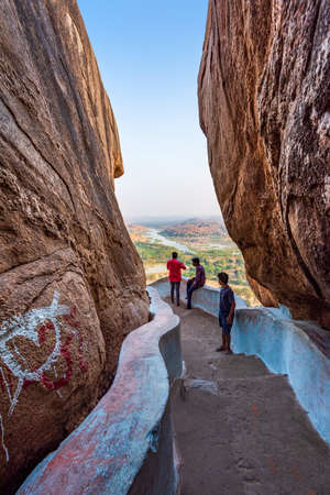 Hampi, Karnataka, India - January 15, 2020 : Pathway of Kishkinda, Anjanadri Hill, (Monkey Temple) Anjaneya Parvat, the birthplace of Hanuman God, Hampi, Karnataka, India.のeditorial素材