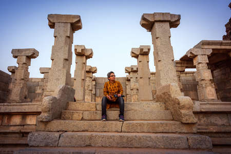 Hampi, Karnataka, India - January 10, 2020: Vijaya Vitthala Temple. Beautifully carved out of a monolith rock, a piece of intricate architectural marvel that the ancients built.のeditorial素材