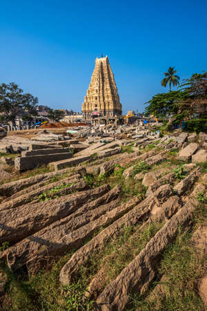Hampi, Karnataka, India - January 12, 2020 : Stunning view at Sree Virupaksha Temple, located in the...