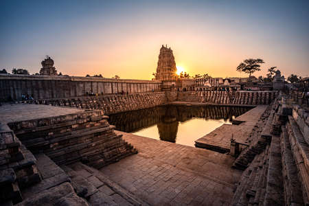 Hampi, Karnataka, India - January 12, 2020 : Stunning view at Sree Virupaksha Temple, located in the ruins of ancient city Vijayanagar at Hampi, it is  Heritage Site.のeditorial素材