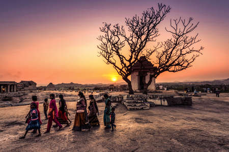 Hampi, Karnataka, India - January 14, 2020 : Beautiful ancient architecture of temples on Hemakuta Hill in Hampi from 14th Century Vijayanagara Kingdom. Hampiのeditorial素材