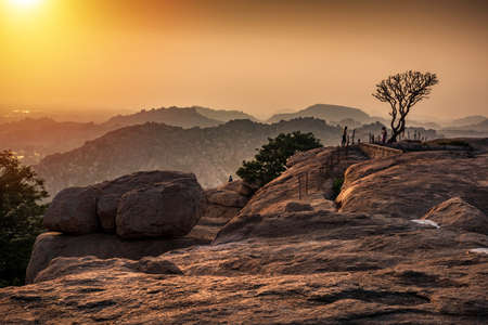 Hampi, Karnataka, India - January 15, 2020 : Sunset view of Kishkinda, Anjanadri Hill, (Monkey Temple) Anjaneya Parvat, the birthplace of Hanuman God, Hampi, Karnataka, India.のeditorial素材