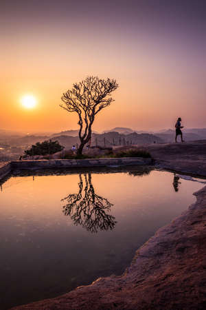 Hampi, Karnataka, India - January 15, 2020 : Sunset view of Kishkinda, Anjanadri Hill, (Monkey...