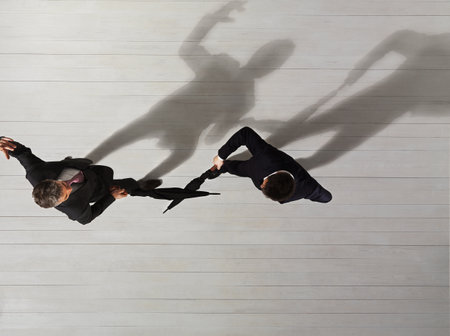 Business men fighting with umbrellasの写真素材