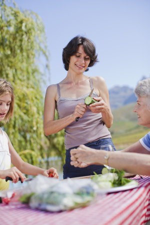 Mother making picnic lunch at tableの写真素材