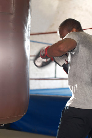 Boxer using punching bag in gymの写真素材