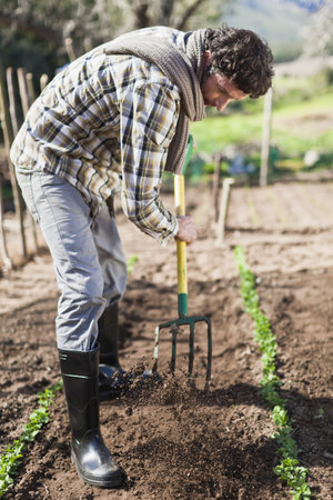 Man turning over soil in gardenの写真素材