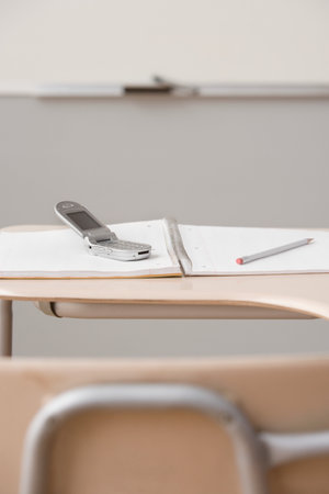 Mobile phone on a classroom deskの写真素材