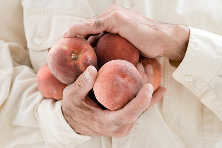 Man holding peachesの写真素材