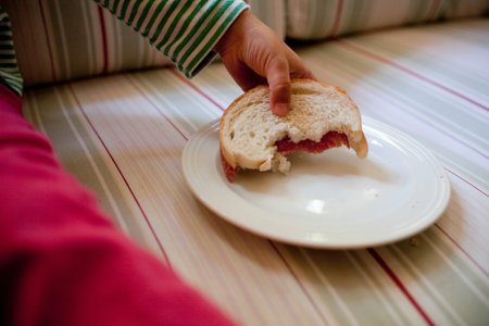 Child holding half eaten sandwichの写真素材