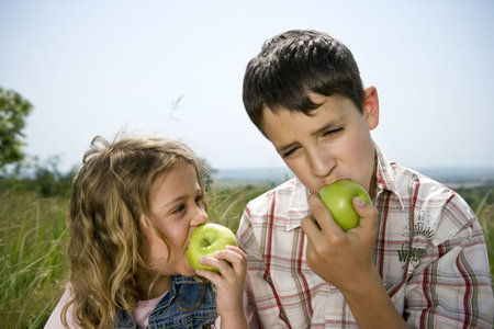 Children eating applesの写真素材