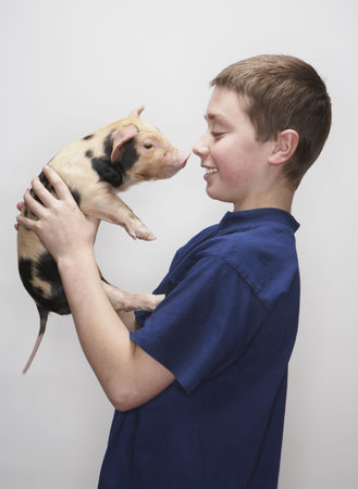 Boy holding pigletの写真素材