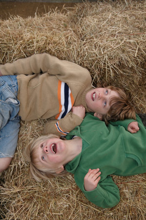 Two boys on hay balesの写真素材