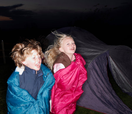 Sleeping bag races at duskの写真素材