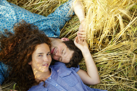 Couple laying down in a wheat fieldの写真素材