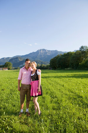 A couple wearing a traditional outfitの写真素材