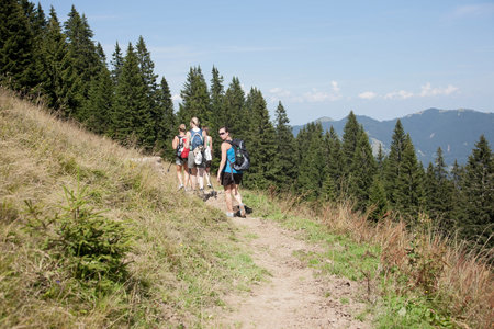 A group hike through the mountainsの写真素材