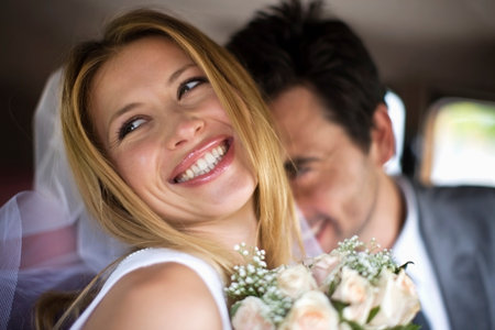 Bridal couple in carの写真素材