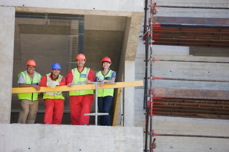 Workers in a shell of buildingの写真素材