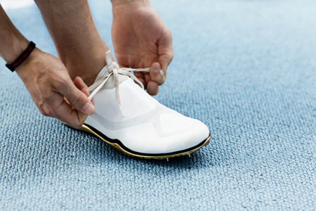 Runner tying shoelacesの写真素材